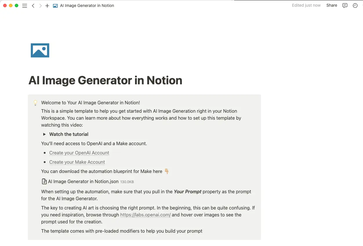Generador de imágenes con la IA en plantilla Notion