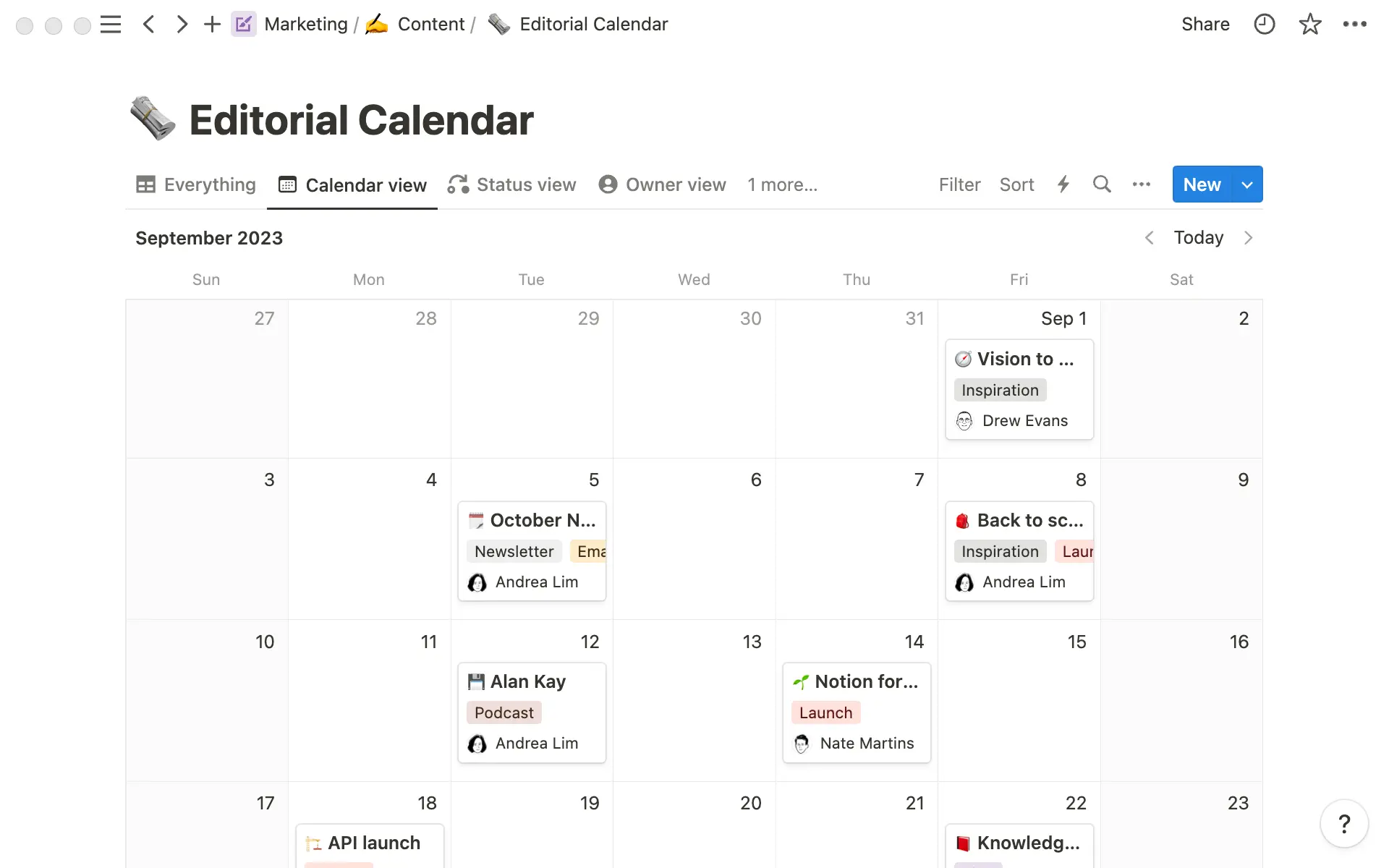 Nuestro calendario editorial, que muestra los contenidos que se van a publicar y cuándo.