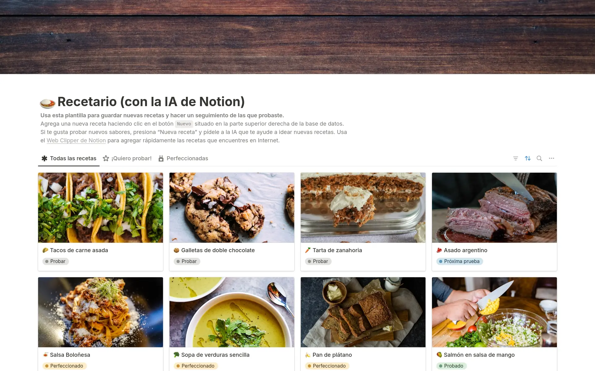 Captura de pantalla de la colección Tu caja de recetas de Notion